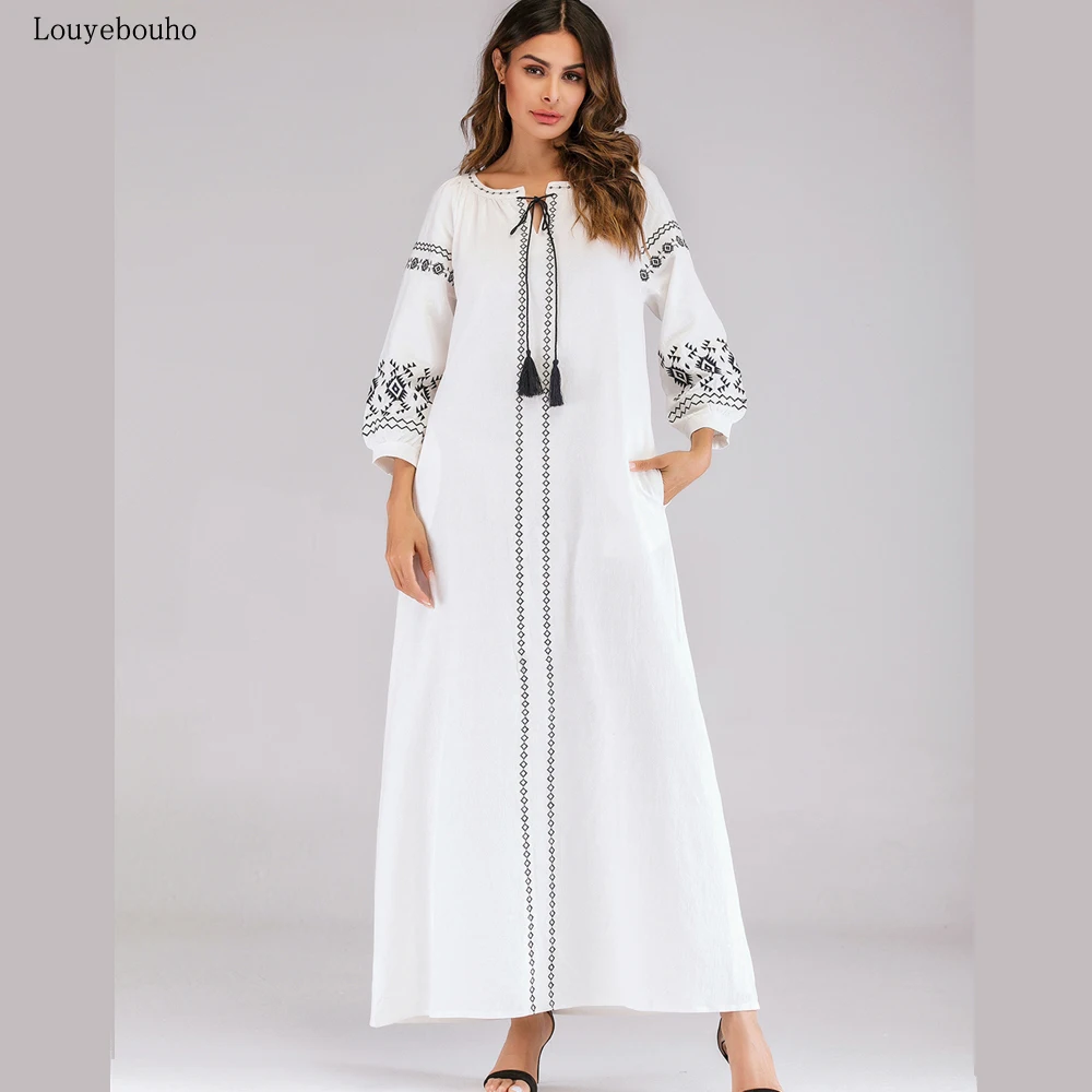 

2019 Women Embroidery Muslim Abaya Ladies Loose Maxi Dress Wrist Long Sleeve Kaftan Dubai Robe Lace up Ramadan Islamic Clothing