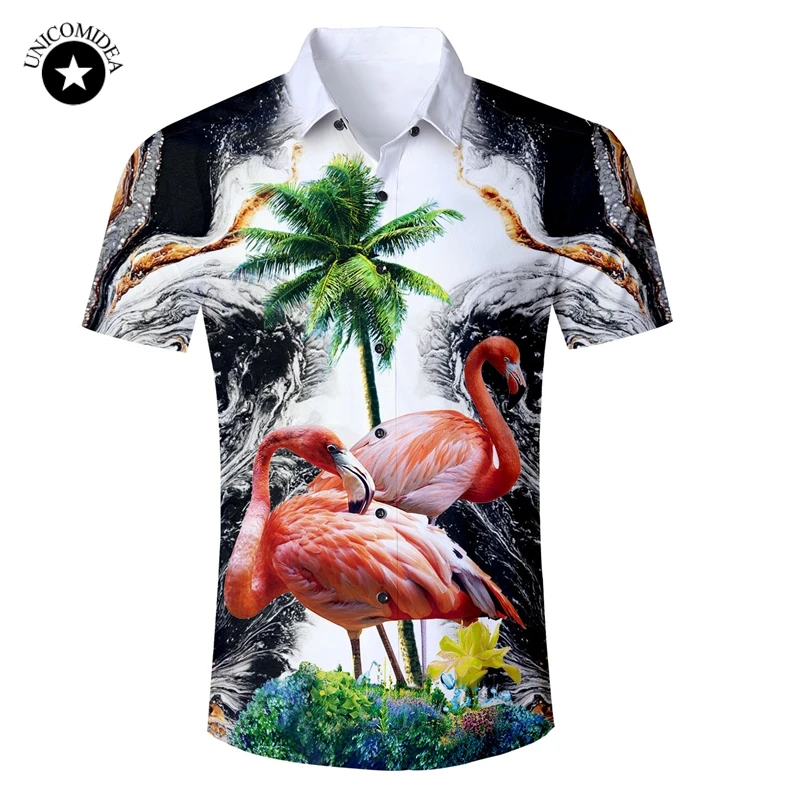 En Ligne Mens Chemise Hawaïenne 2019 Été Nouvelle Casual Slim Fit Camisa Masculina Flamants Roses Plam Arbre Imprimé À Manches Courtes Mâle Plage chemises