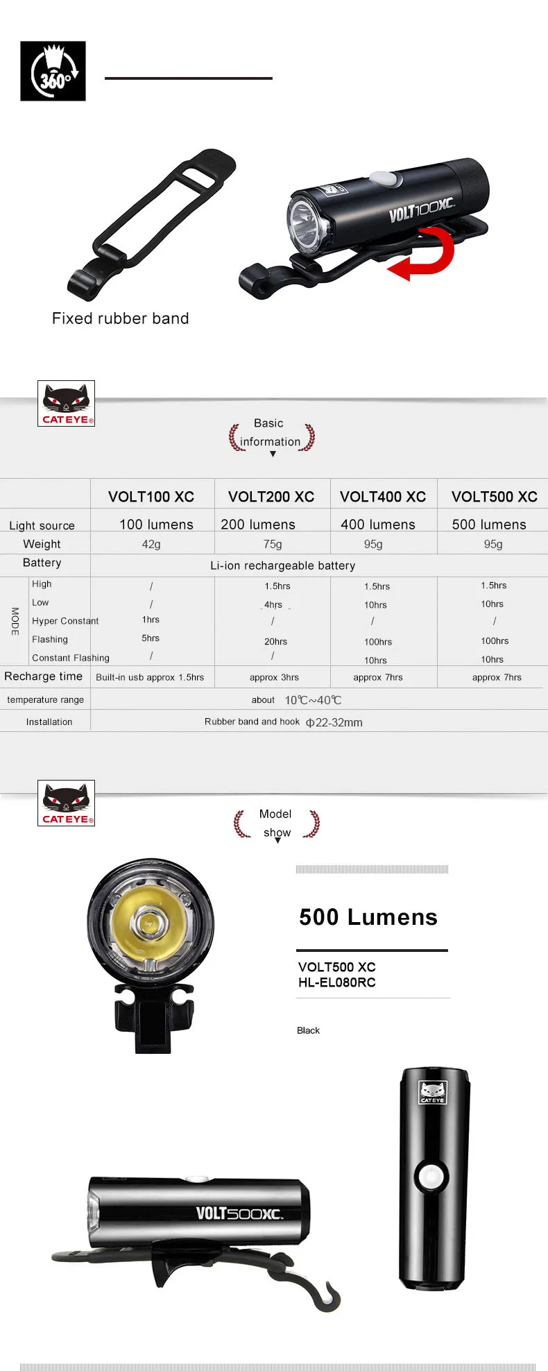 Perfect CATEYE VoltXC Series Bicycle Rechargeable Headlights 100/200/400/500 Lumens White LEDs Lamp Bike Flashlight Cycling Accessories 3