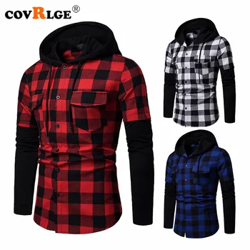 

Covrlge Fashion Plaid Hooded Dual Pockets Long Sleeve Men's Casual Slim Fit Shirt Top Lumberjack Check Shirt Jack Clothes MCL205