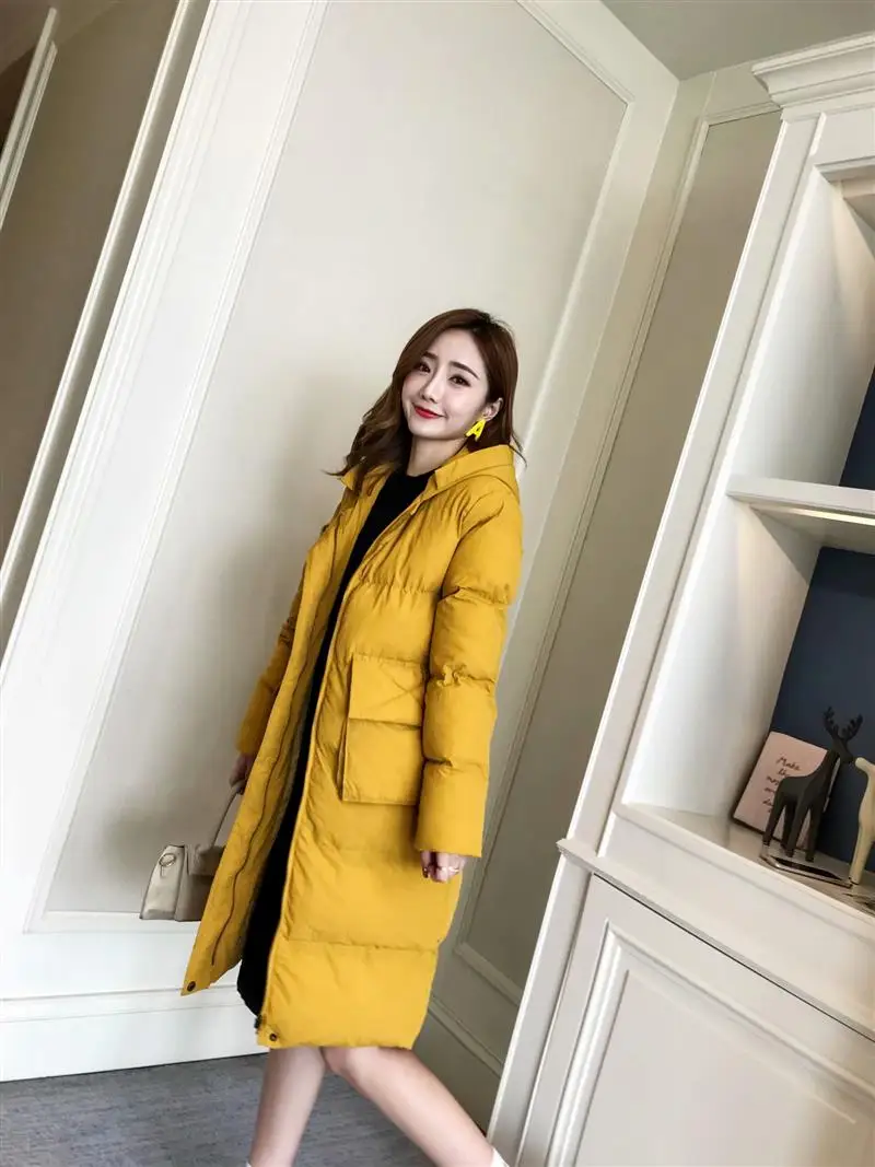 Зимний модный женский корейский теплый хлопковый костюм сплошной цвет большой карман длинный с капюшоном Женский хлопок - Цвет: Цвет: желтый
