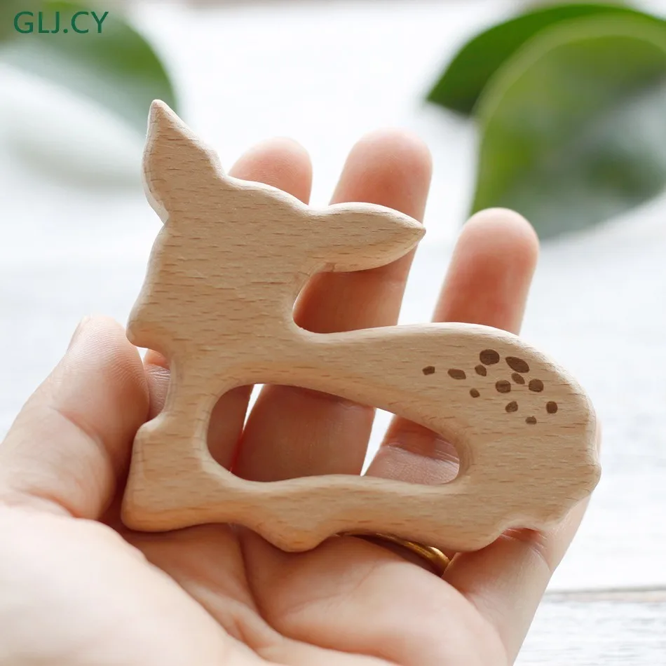 

1PC Beech Wooden Teether Aniamls Sika Deer Roe Bambi Timber Baby Customizable Food Grade Wood Teething Big Horse