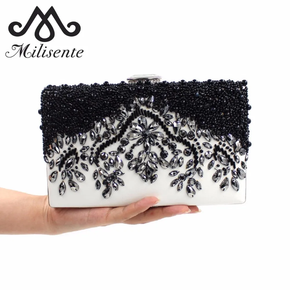 

Milisente Women Clutch Bag Ladies Wedding Bags Black White Simple Elegant Crystal Handbags Female Handmade Vintage Beaded Bag