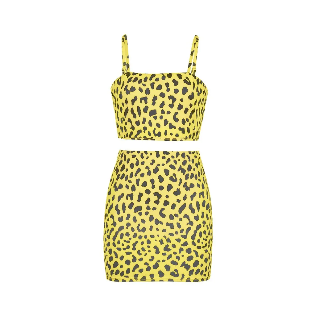 Модный женский леопардовый комплект из двух предметов, сексуальное соблазнительное обтягивающее платье без рукавов с открытыми плечами, Клубное облегающее мини-платье и топ, бюстгальтер