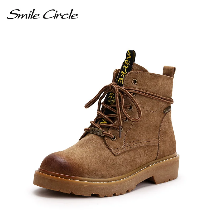 

Smile Circle Ankle Boots Women round toe Genuine Leather Short Boots Autumn winter Lace-up Platform Shoes for women
