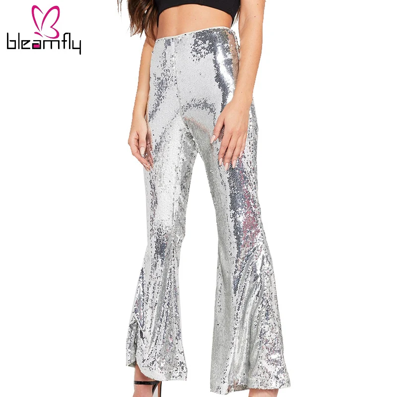 Sexy Women Glitter Pants Solid Sequin Color Club Long Pants Fashion