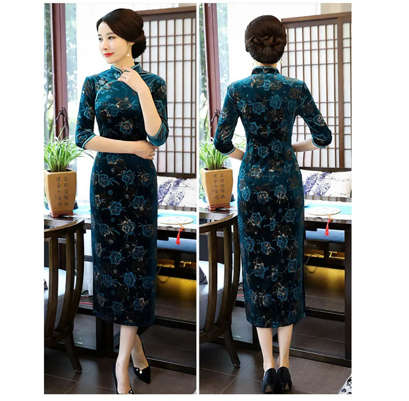 Cheongsam велюровое платье Ципао с принтом винтажные модные улучшенные Осенние Длинные платья Вечерние платья для мам и свадеб