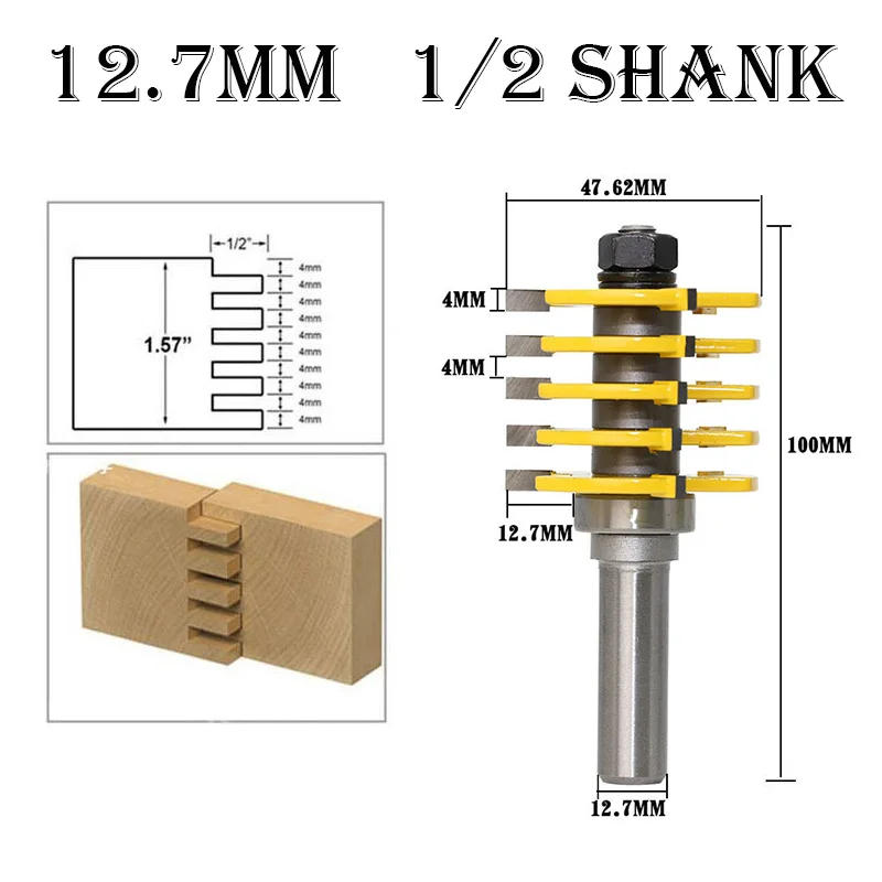 

Groove and Tongue Milling Cutter Woodworking Tools 1/2 Shank Adjustable Finger Joint Router Bit 12.7mm