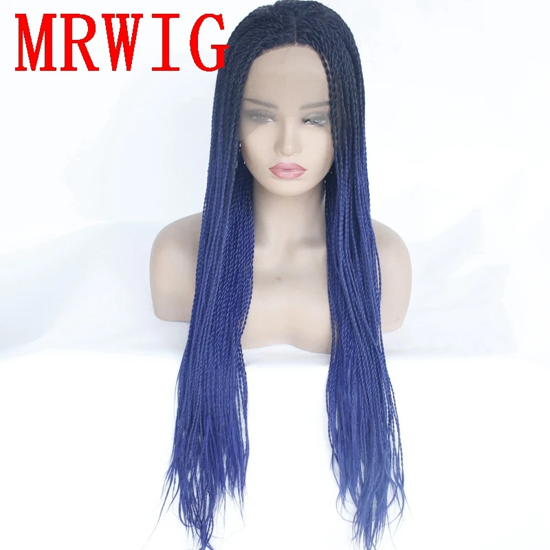 

MRWIG Black Ombre Blue Hair Color 2x Twist Braids Synthetic Glueless Front Lace Wig 26in 650G 250%Density Middle Part