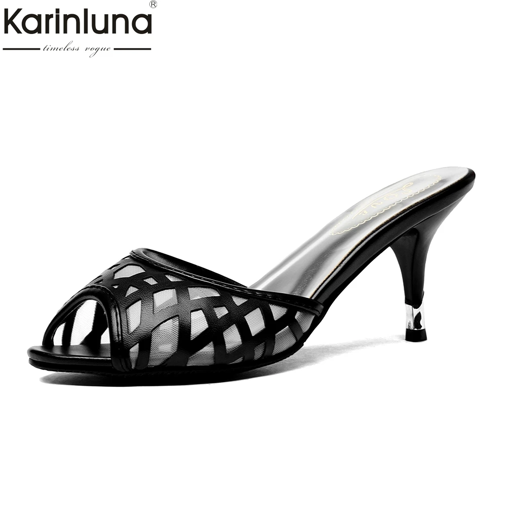

Karinluna 2018 Fashion Large Sizes 32-43 Hollow Slip On Summer Slippers Woman Best Quality Thin High Heels women's Shoes Slides