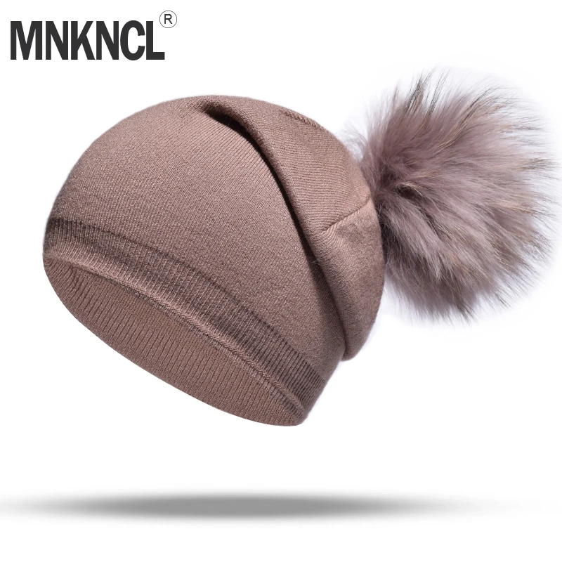 MNKNCL Winter Hats For Women Natural Fur Pompom Hat Warm Wool Slouchy Beanies Female Fashion Skullies Lady | Аксессуары для одежды