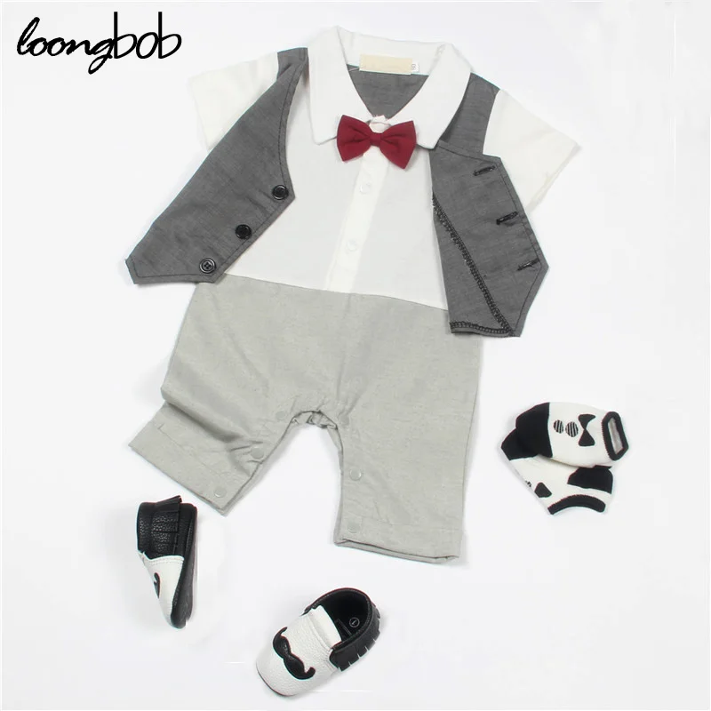 Infant Clothes Baby Boy Rompers Striped Suspender Newborn Bow Tie Suit Gentleman Formal Suit