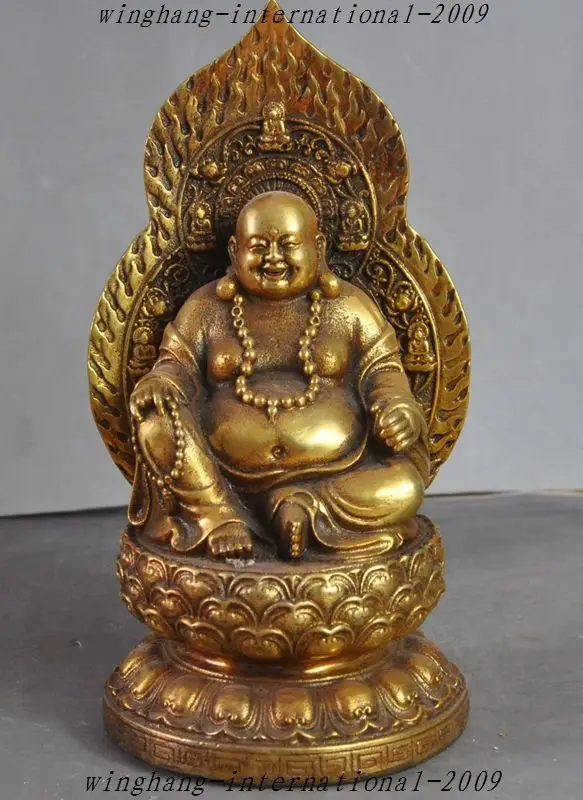 7" Old Chinese Buddhism Temple Bronze Gilt Wealth Lucky Maitreya Buddha Statuein Statues