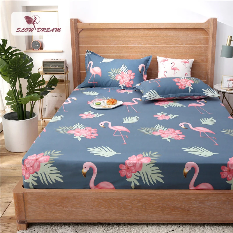 

Slowdream 1PCS Flamingos Cartoon Bed Sheets On Elastic Band Rubber Sheet Mattress Covers Nordic Fitted Sheet Adult Double Size