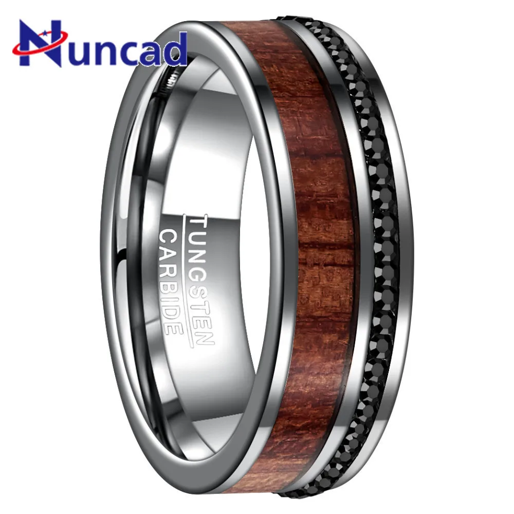 

Nuncad New 8MM Wide Steel Color Polished Plane Bevel Inlaid Wood Grain Black Crystal Tungsten Steel Ring Men's Fine Jewelry