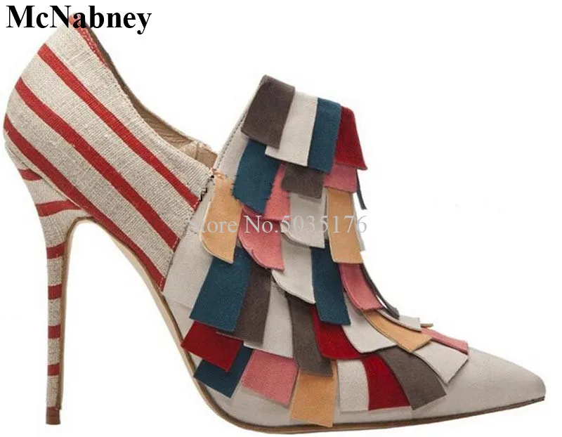 

Mixed Colors Patchwork Ladies Short Boots Pointed Toe Stiletto Heel Slip-On Ankle Short Boots Party Spring/Autumn Women Shoes