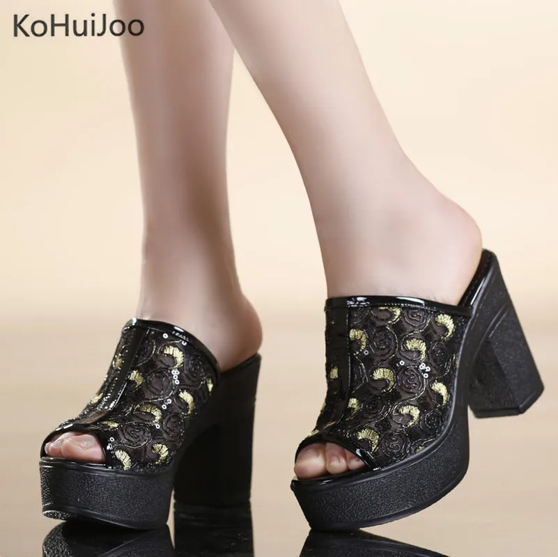 

KoHuiJoo Summer Woman Shoes 3 Cm Platform Wedges Slippers 2018 Square Heel Super High Heels Sandals Melaleuca End Shoes Women