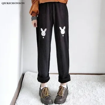 

Autumn Winter Thick Wool Pants Women Teens Japan Style Kawaii Soft Sister Rabbit Embroidery Elastic Waist Wide Leg Pants Casual