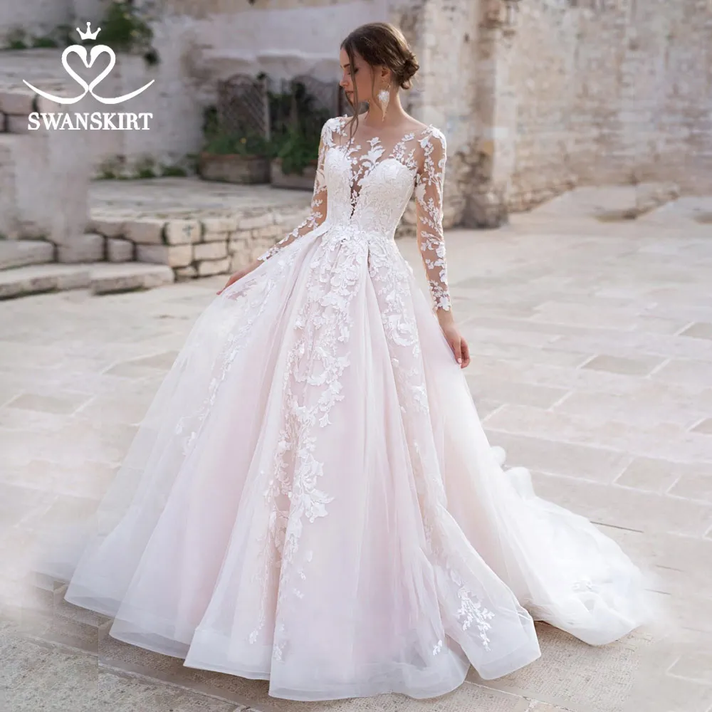 Swanskirt модное свадебное платье с аппликацией,, круглый вырез, длинный рукав, а-силуэт, шлейф, свадебное платье, Turkry Vestido De Noiva N108 - Цвет: Слоновая кость