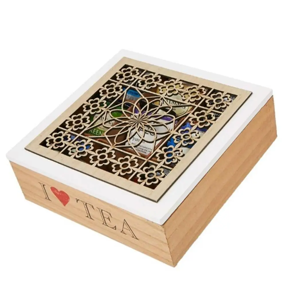 

Wooden Tea Box 9 Compartments Storage Box Jewelry Accessories Wood Tea Sugar Gift Hollow Box Vintage Multifunctional Container
