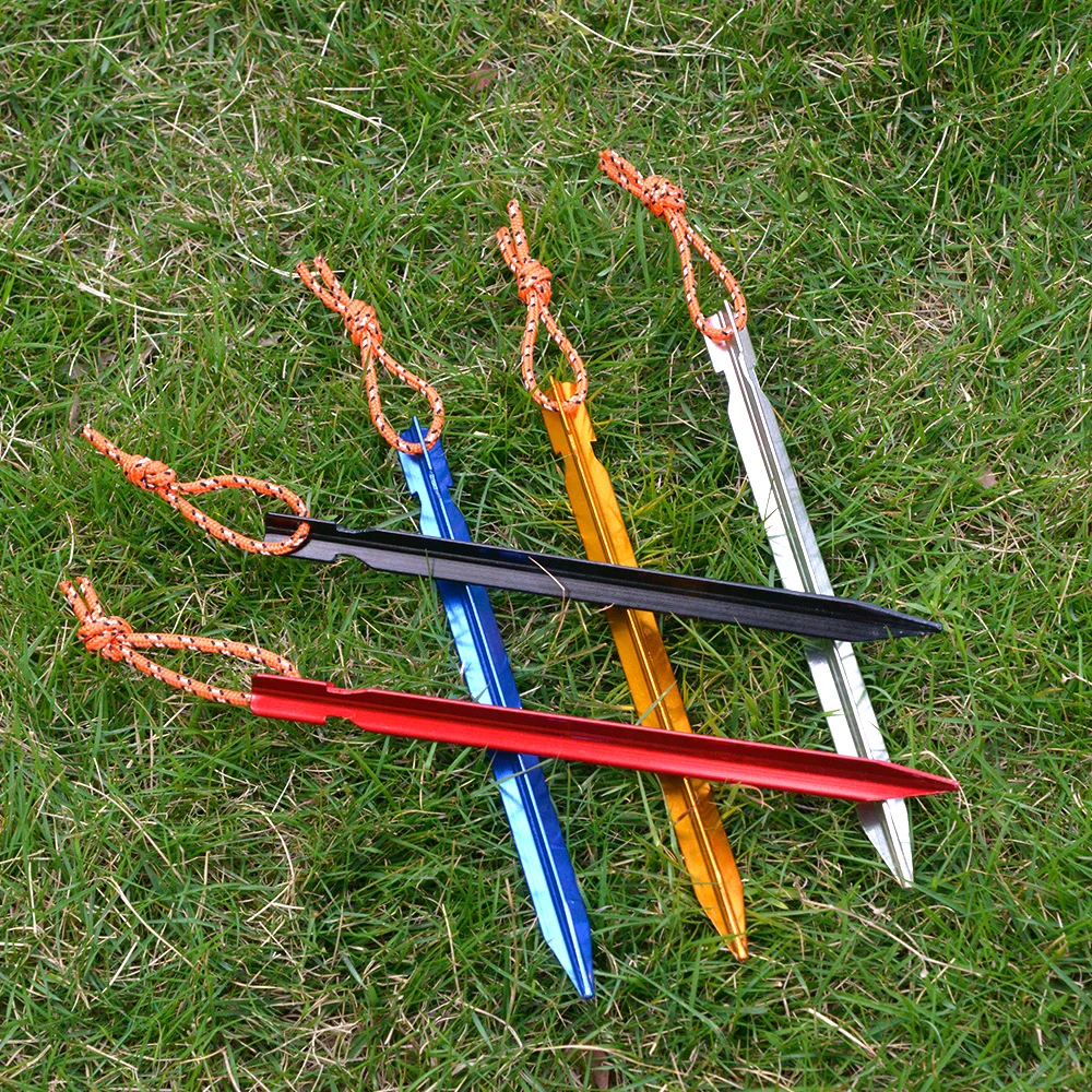 

Factory Direct Sales None Brand Outdoor Tent Accessories 4 Pcs/lot Tent Pegs 18cm Long Aluminum Alloy Tent Nails Stake With Rope