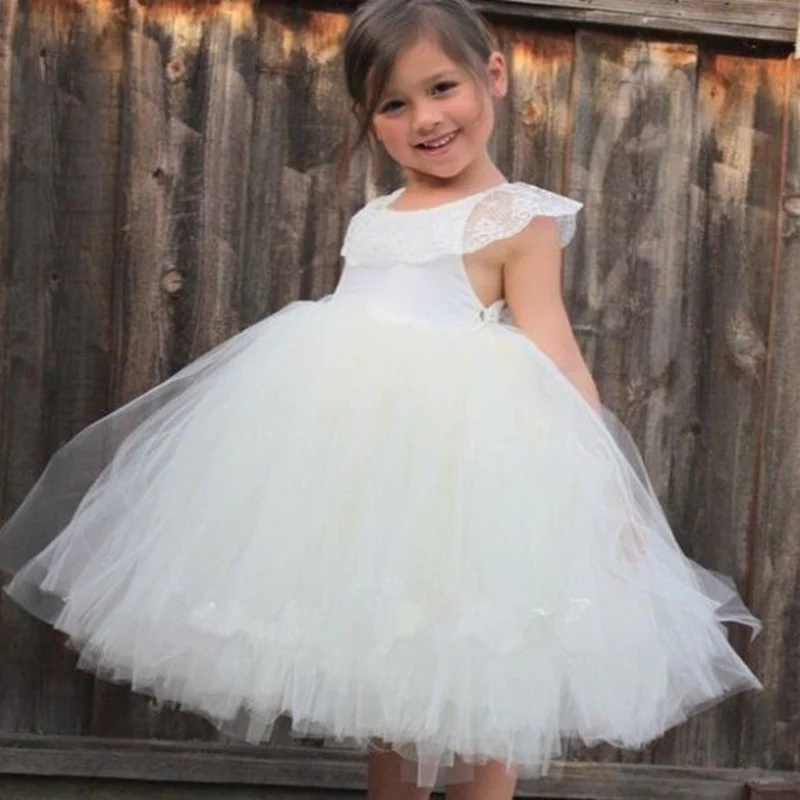 

White Flower Girls Dresses For Wedding Gowns criss-cross Lace Girl Birthday Party Dress Tulle Pageant