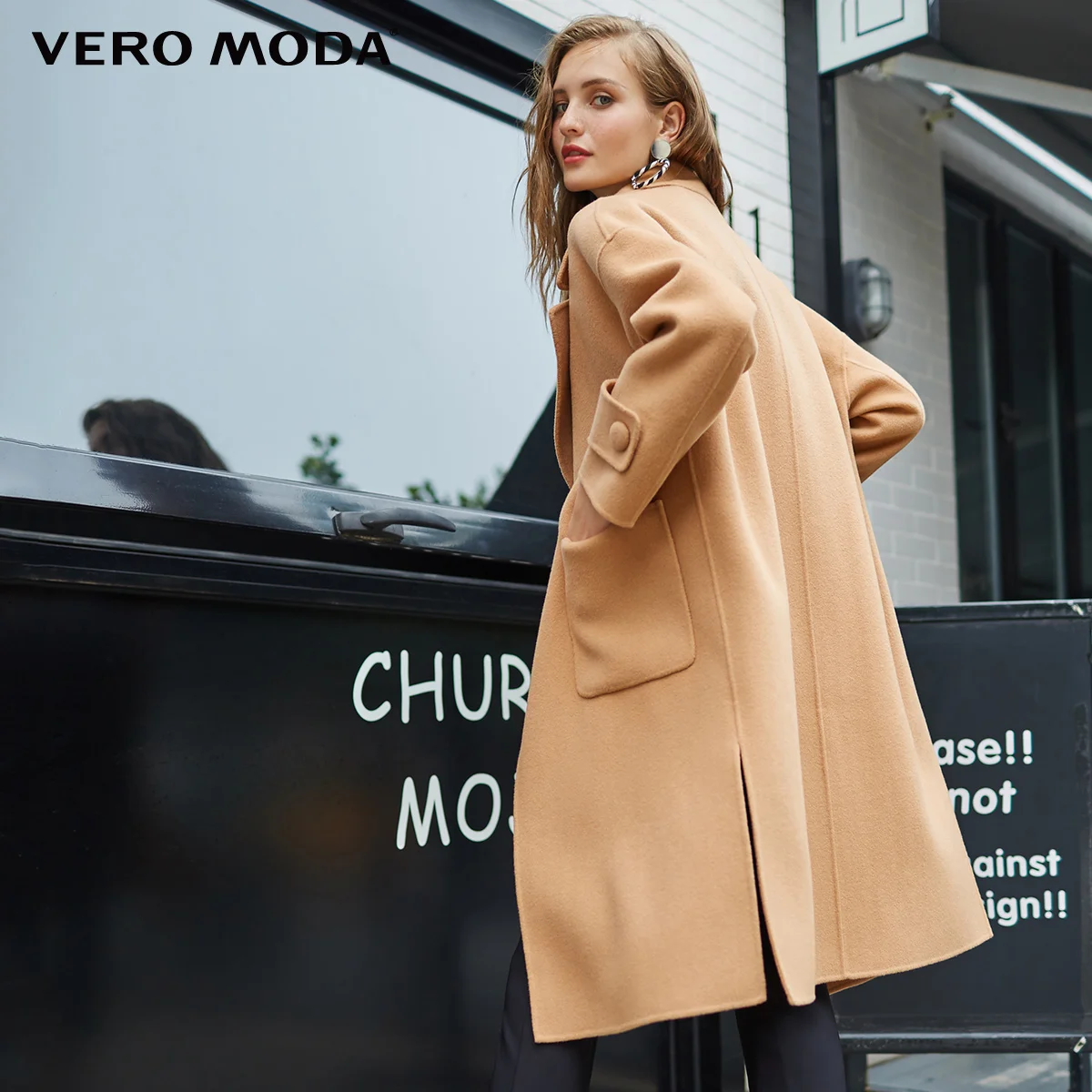 Vero Moda женское новое шерстяное Двустороннее пальто с открытыми плечами из чистой шерсти | 318327502