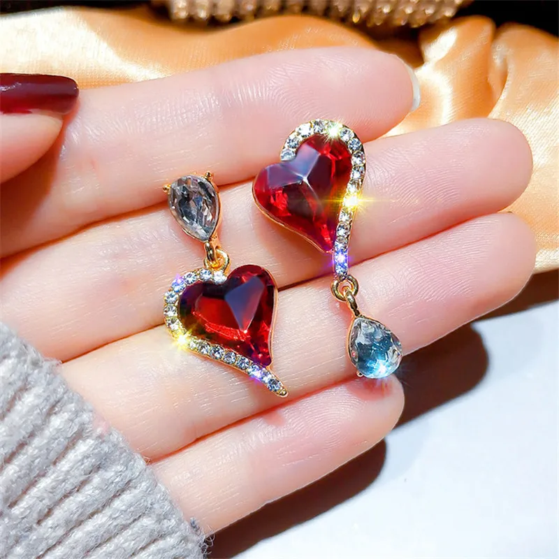 

FYUAN Asymmetric Drop Earrings for Women Girls New 2019 Bijoux Red Purple Heart Crystal Dangle Earrings Statement Jewelry Gifts