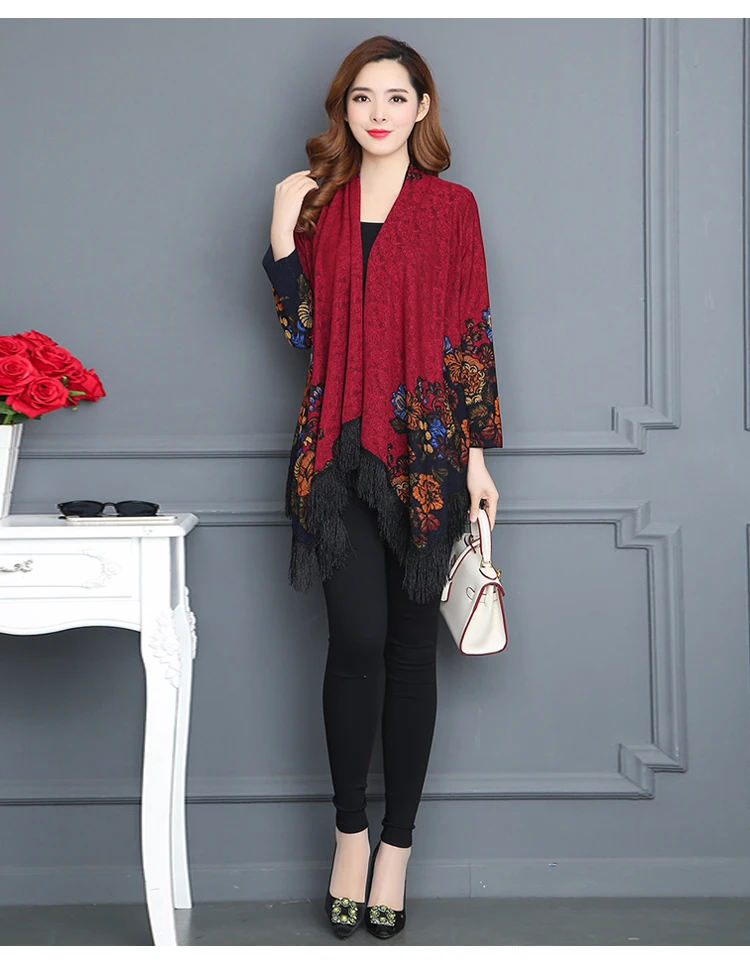 Весенний женский винтажный вязаный свитер размера плюс L-7XL с кисточками корейский Свободный кардиган с принтом женская модная шаль