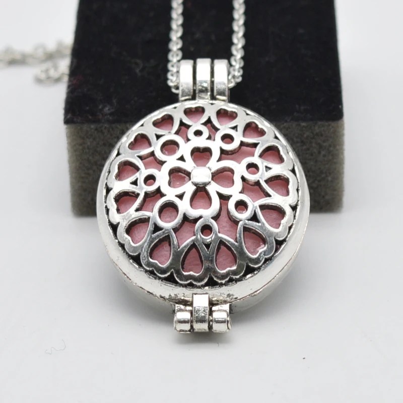 10pcs Antique Silver 30mm Round Perfume Lockets Filigree Flowers