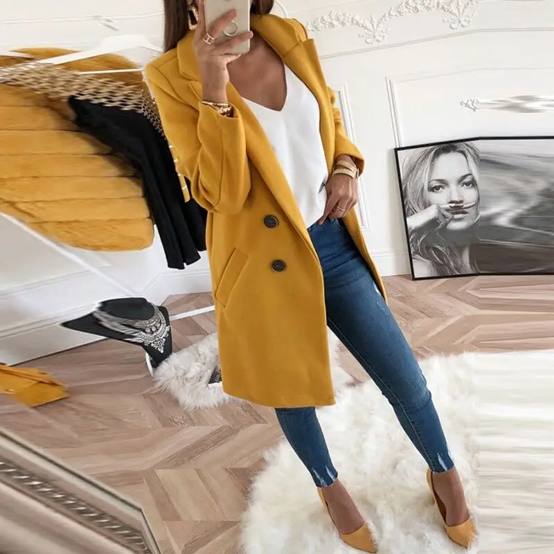 2018 Fashion Women Slim Fitted Jackets Winter Warm Solid Lapel Collar Long Coat Plus Size Jacket Overcoat Outwear Jacket Yellow 2018 Fashion Women Slim Fitted Jackets Winter Warm Solid Lapel Collar Long Coat Plus Size Jacket Overcoat Outwear Jacket Yellow