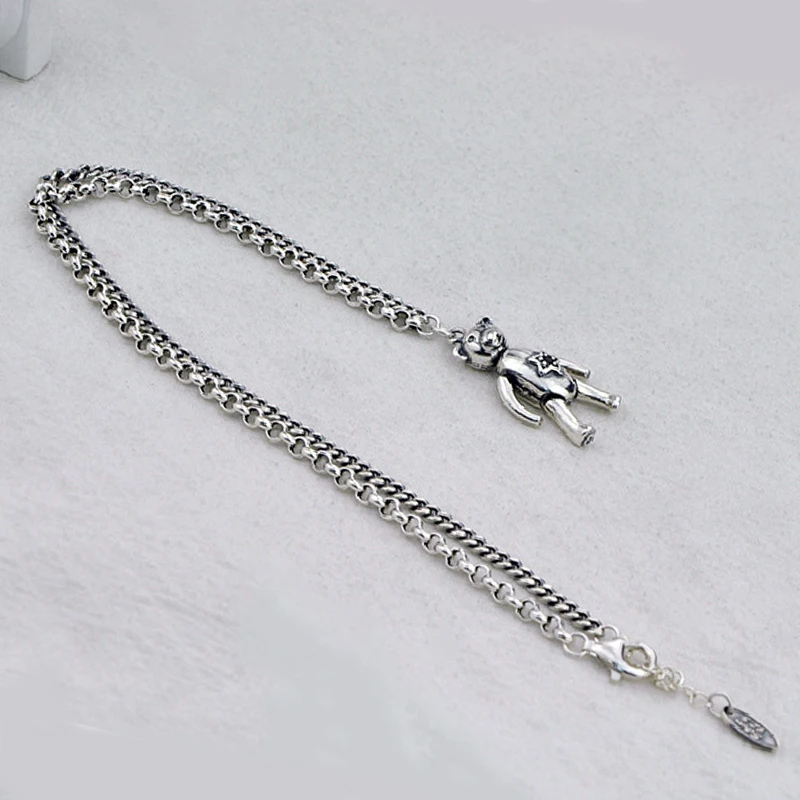 Thai Silver 925 Sterling Silver Rotatable Limbs Bear Pendant Necklace Vintage Silver Punk Big Necklace S925 Choker Women Jewelry