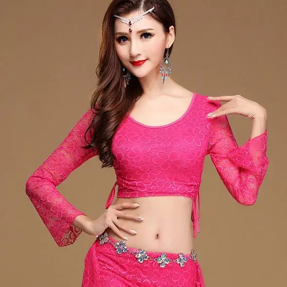 Сексуальные кружевные топы с длинным рукавом для восточных танцев живота, рубашки, костюмы на завязках для женщин, индийская танцевальная одежда для танца живота - Цвет: Розовый