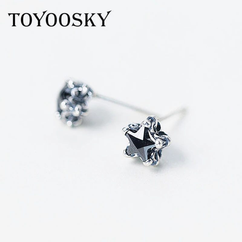 TOYOOSKY Настоящее серебро 925 пробы яркие 3D черные Кристальные серьги гвоздики со