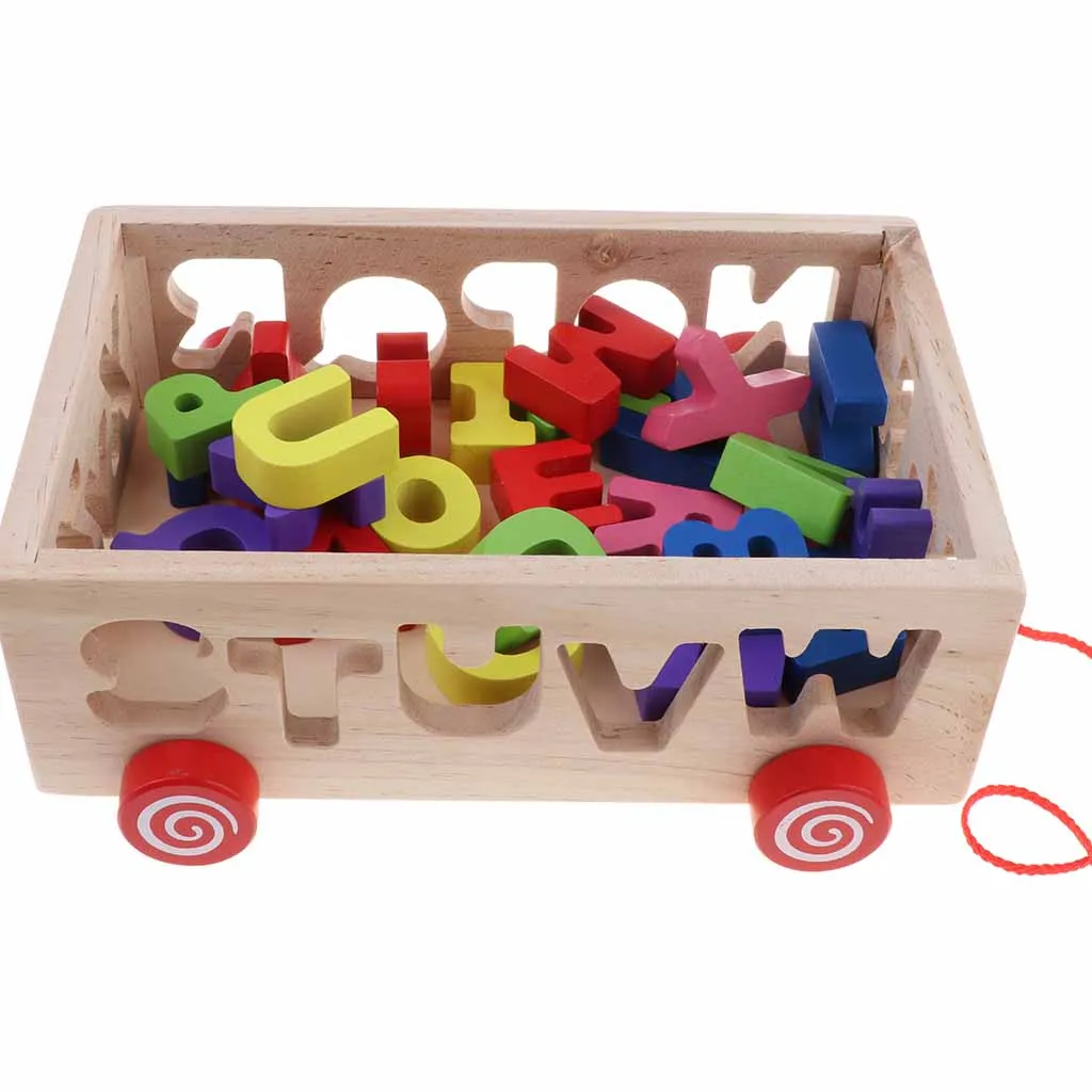 Wooden Shapes Sorter Bus Pull Along Car Early Development Toys for Toddlers Color Shapes Cognition Learning - Letter