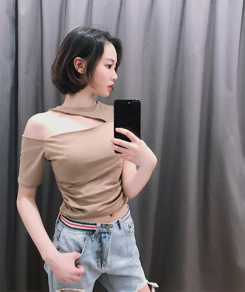 2018 الصيف الفتيات الأزياء غمد شيك الرسن الرقبة قصيرة الأكمام شيك المحاصيل T قمصان قمم السيدات الصلبة قبالة الكتف المحملات قمصان