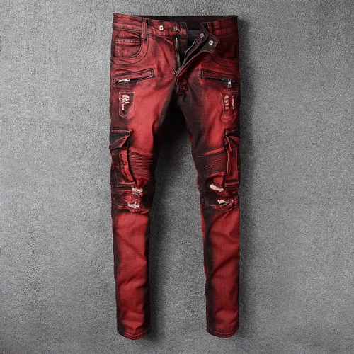 Модная уличная одежда, мужские джинсы красного цвета, облегающие эластичные рваные джинсы, мужские джинсовые брюки-карго с большим карманом, байкерские джинсы homme - Цвет: Red