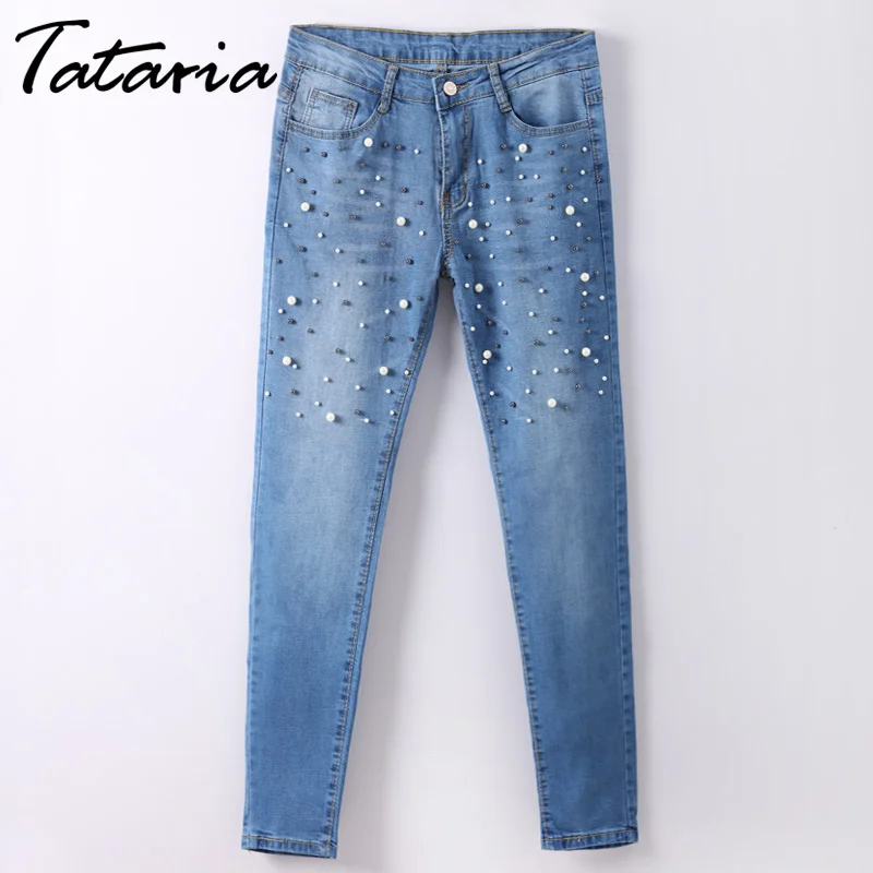 Denim Women Skinny Jeans With Pearls Pants Slim Femme Beading Pearl Jeans Woman 2018 With beads Mid Waist Pencil Jean For Women