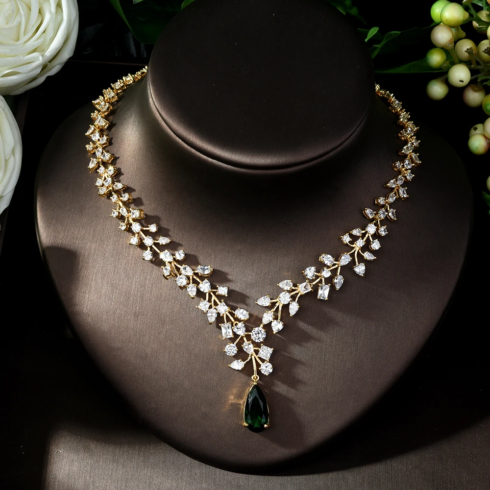 HIBRIDE Charm Green Water Drop Dubai Jewelry Sets Gold Color Wedding Necklace Earrings Sets Bijoux bijoux mariage N-1014 - Image 4