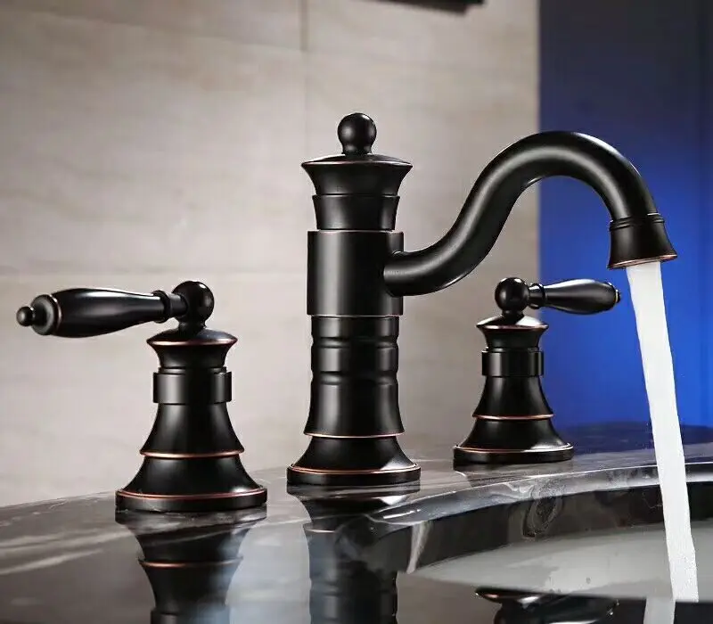 

Free shipping BLACK ORB Color 8" Widespread Ceramic Valve Three Holes 3 Pcs lavatory Bathroom Sink Faucet Mixer tap deck mount