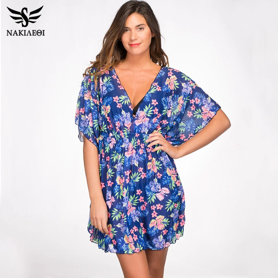 NAKIAEOI Bikini Cover Up Mesh Print Swimsuit Beach Dress Women 2018
