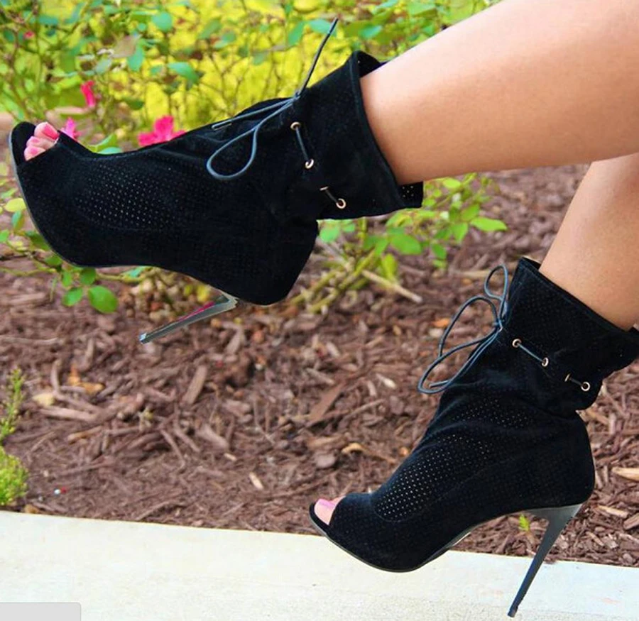 

New arrival black suede leather lace up peep toe high heels booties cut-outs decorated thin high heels ankle fashion boots women