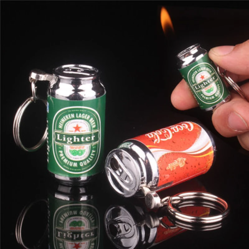 

Personality Cola Beer Cans Model inflatable Butane Gas Flame Cigarette Lighter Portable With Key Chain Pendant Men Gift Lighters
