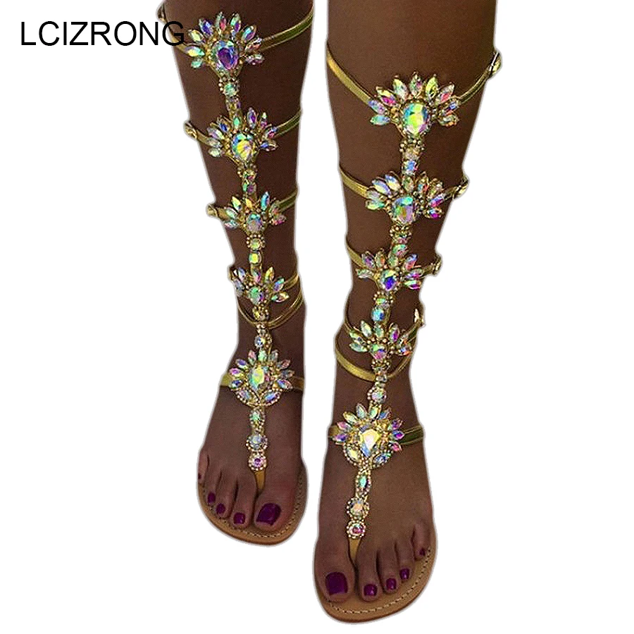 

LCIZRONG Fashion Crystal Chain Sandals Women 34-43 Size Rome Rhineston Buckle Clip Toe Summer Knee-high Boots Bohe Flat Heel
