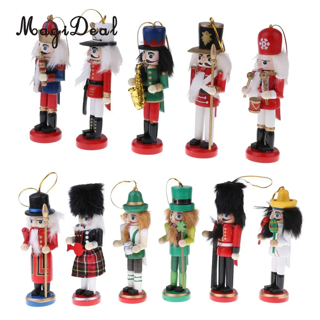 11Pcs 12cm Christmas Decorations Wooden Soldiers Nutcracker Puppets Figures Pendants Christmas Ornaments Office Table Desk Decor