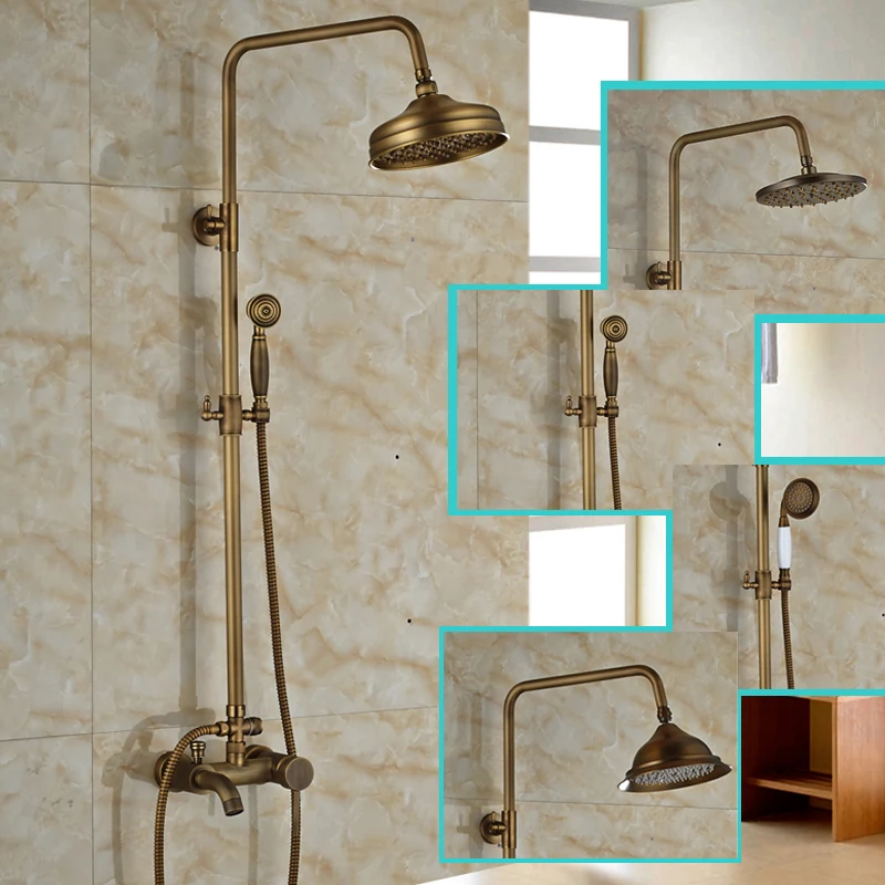 Brass Antique Wall Mounted Shower Mixer Faucet Set Bathroom Outdoor