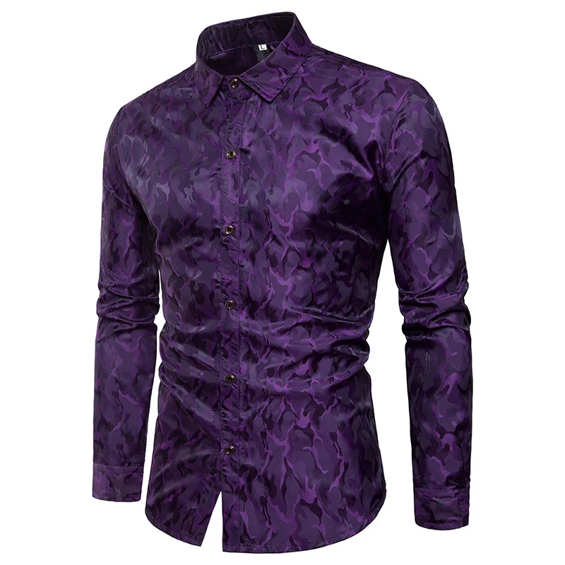 Мужская рубашка из гладкого шелка и хлопка, повседневная приталенная рубашка с длинным рукавом, Мужская модная камуфляжная рубашка для выступлений в ночном клубе - Цвет: Purple