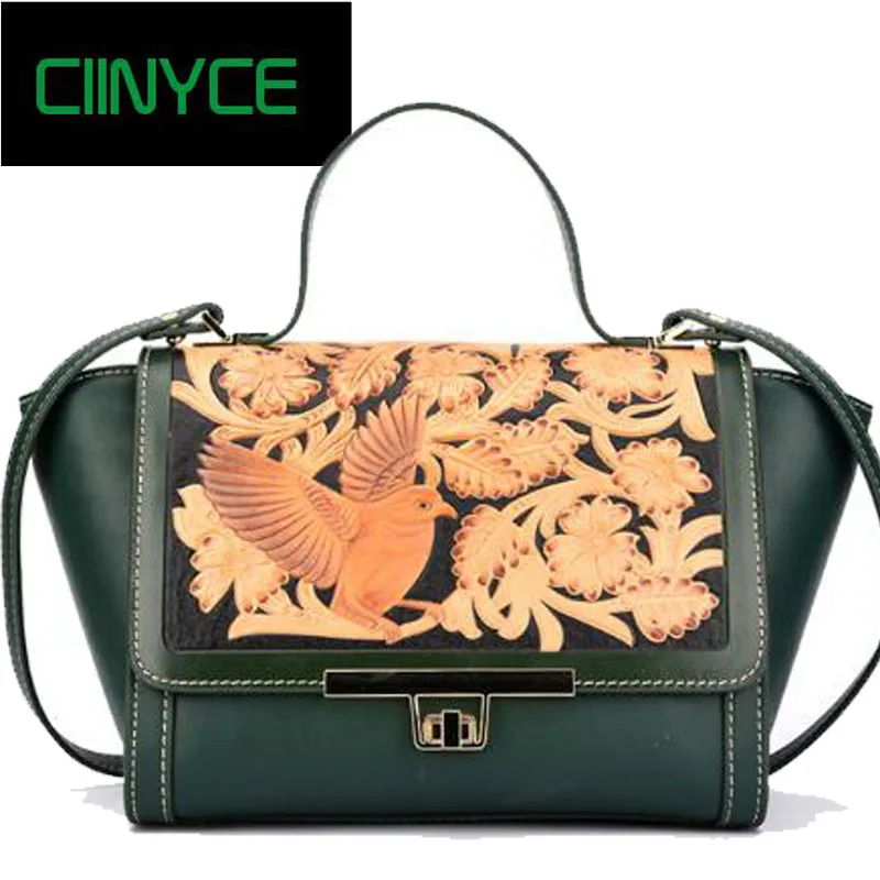 Original Brand Designer Vintage Genuine Cow Leather women's handbags small hobos totes birds flowers hasp crossbody bags original designer brand vintage women s genuine cow leather handbags color panelled small flap totes crossbody messenger bags