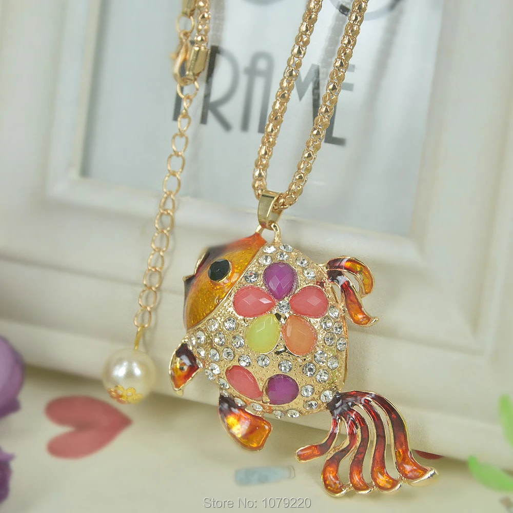 

D Fish Bead Sweater Necklace Jewelry Crystal For Women Long Necklace Pendants Rhinestone Chain Christmars Valentine's Days Gift
