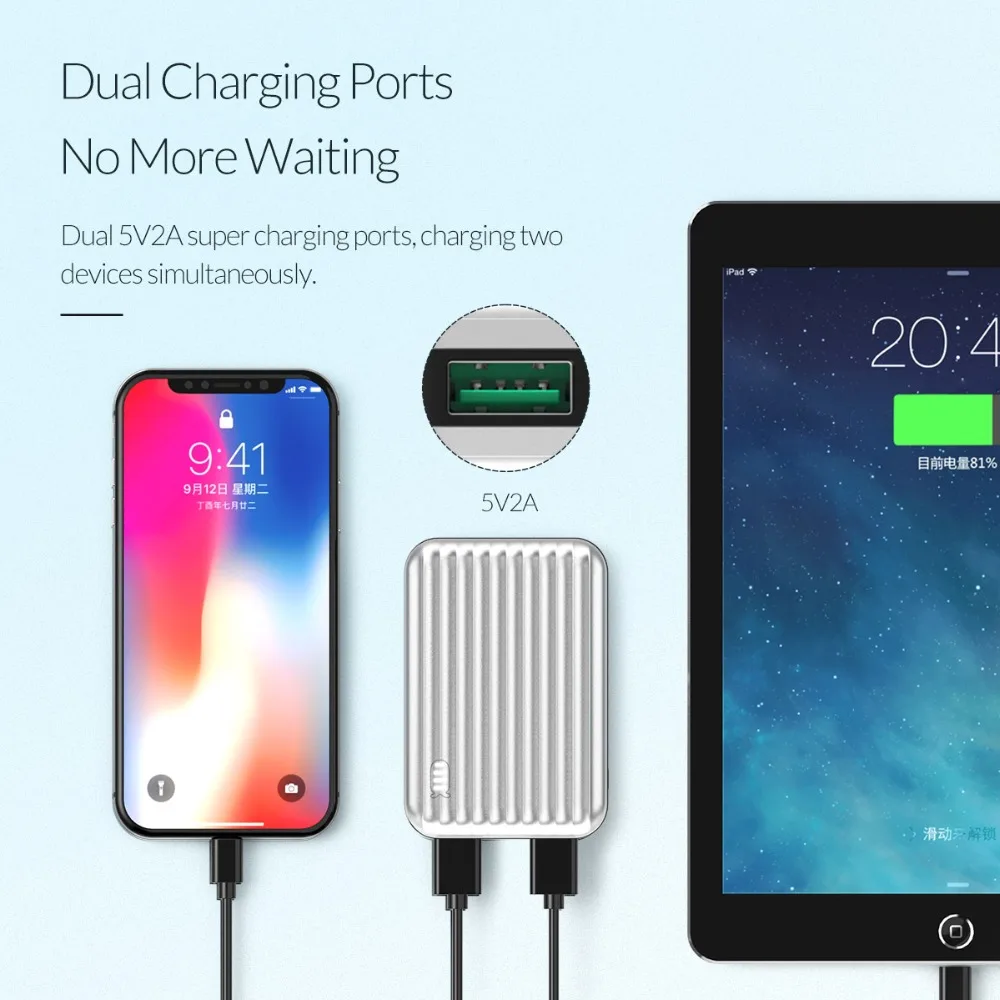  ORICO 10000mAh Polymer Power Bank Micro USB 5V2A Dual Ports mit Lade Power Display Mini-Größe Durch
